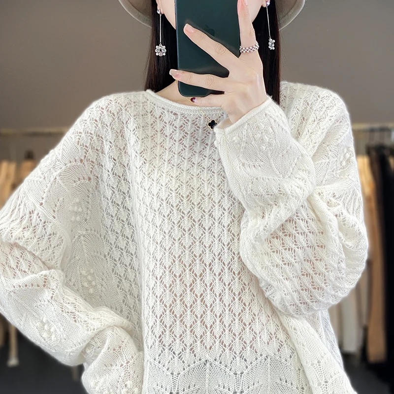 

100% merino sweater women's knitted hollow round neck pullover Spring and Autumn Korean fashion loose high-end luxury coat