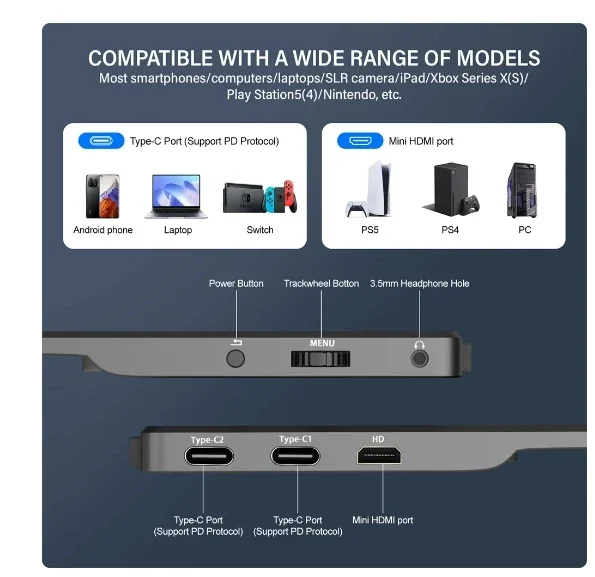 GTMEDIA 14 Inch Portable Monitor FHD 1080P IPS Laptop External Screen Gaming Computer Display for Ps4 Ps5 Switch Xbox PC Phone