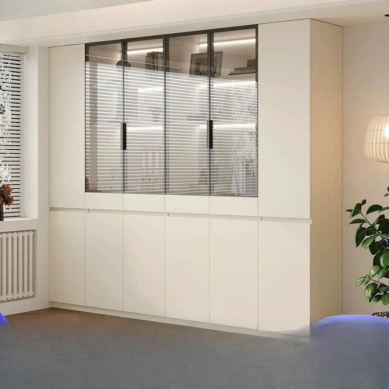 Cream white oak bookcase integrated whole wall living room wall solid wood with glass storage display cabinet bookshelf
