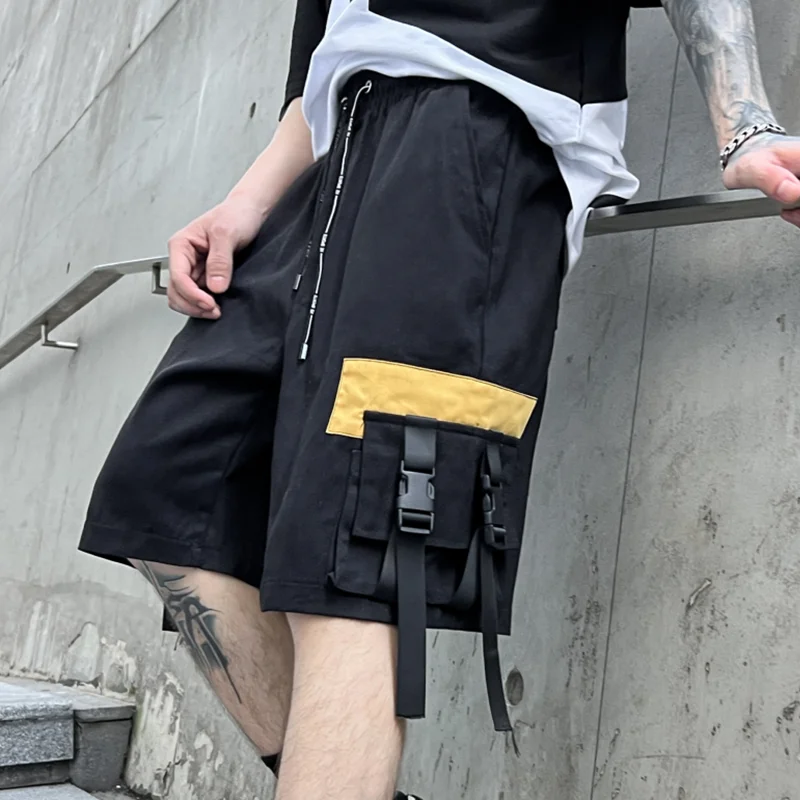 Fashion Cargo Shorts Men Cotton Shorts Male Ribbon Elastic Waist Fashion Knee Length Short Pants Men New Streetwear