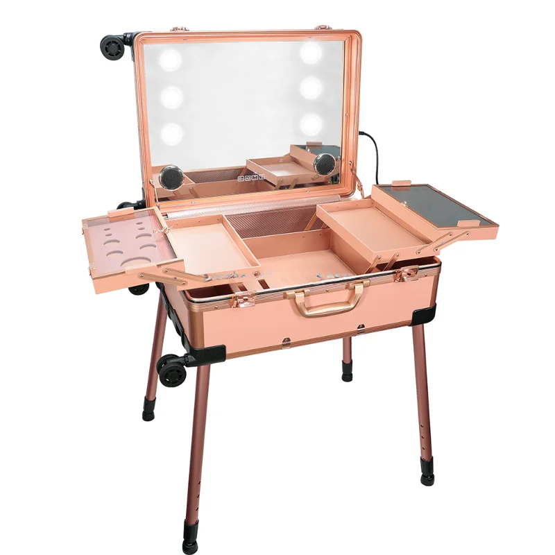 Aluminum 4 Wheels Professional Rolling Cosmetic Makeup Suitcase Train Case With Lighted Mirror LED Light makeup trolley case