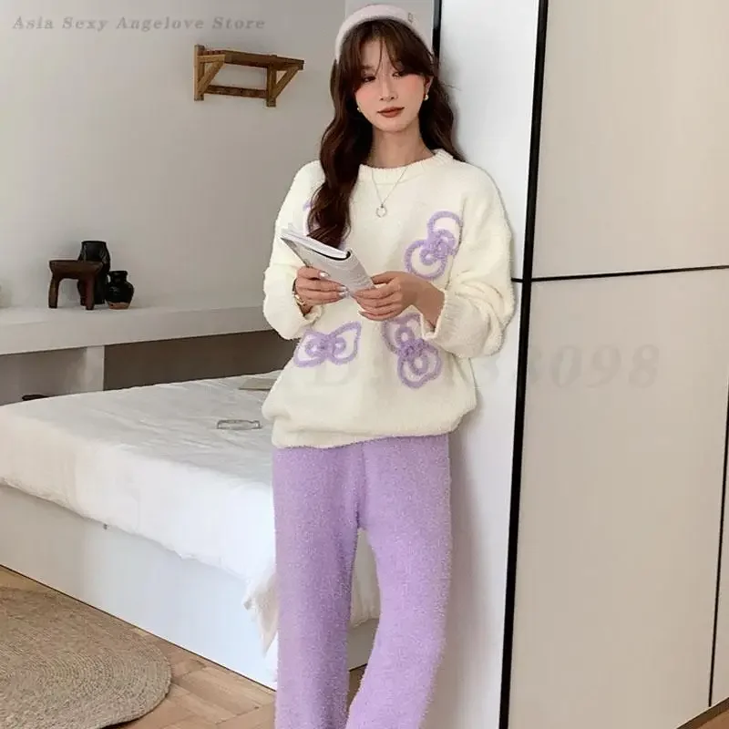 Cute Flannel Pijamas Women Autumn Winter Sleepwear Women's Sweet 2Pcs Pajamas Set Long Sleeve Trouser Casual Outwear Homewear