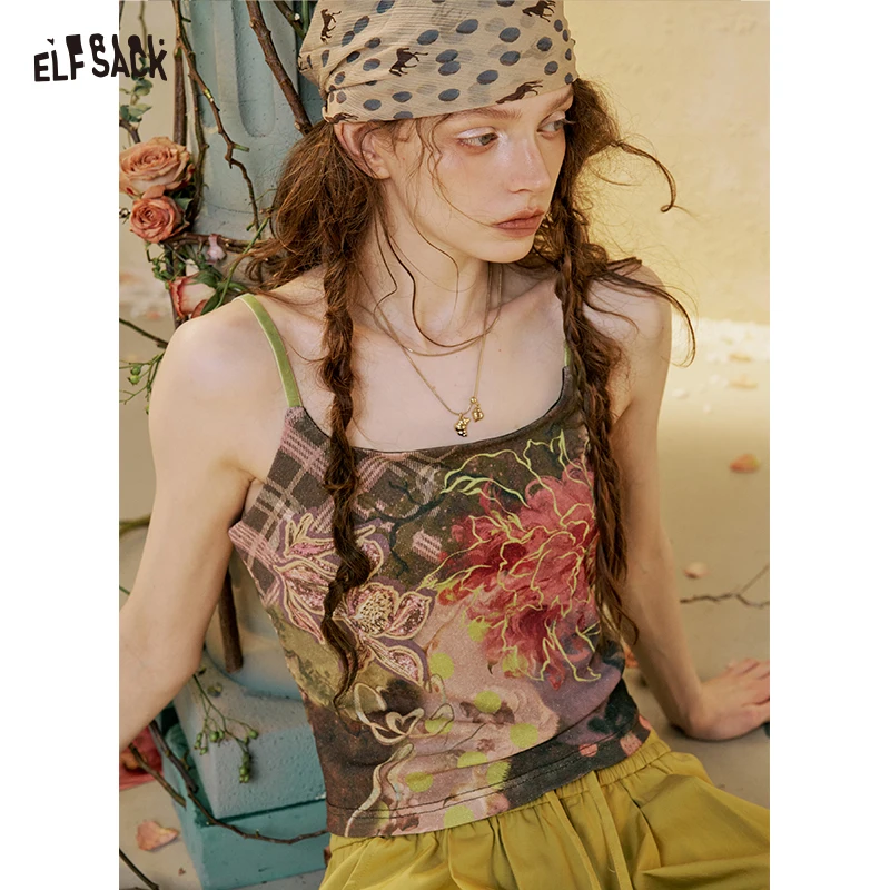 ELFSACK Women's Y2K Cami Top with Fairy Floral Print, Vintage Grunge Spaghetti Strap Camisole, Retro Aesthetic Sleeveless Top