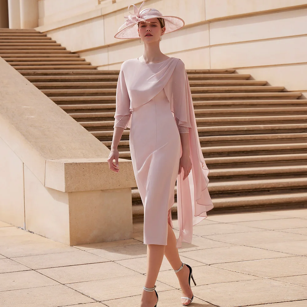 Vestidos Elegantes para madre de la novia, vestidos cortos de cuello redondo, mangas 3/4, vestidos de invitados de boda para mujer, vestidos de fiesta largos de té 2023