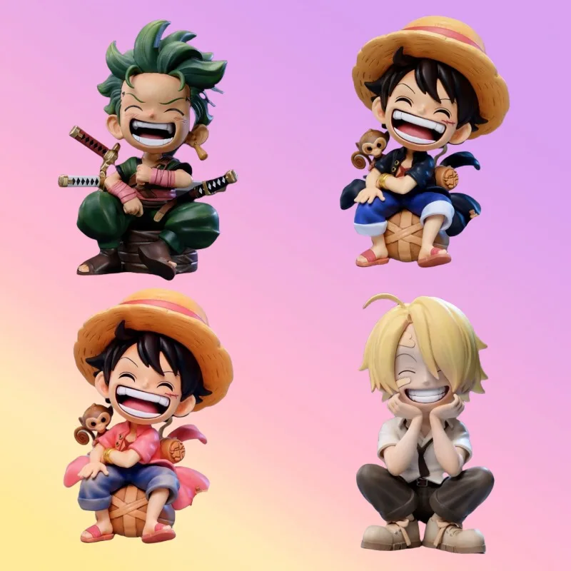 

Anime One Piece Q Version Figure Luffy Sitting And Laughing Zoro Sanji Trendy Toy GK Figure Straw Hat Luffy Car Ornaments Gift