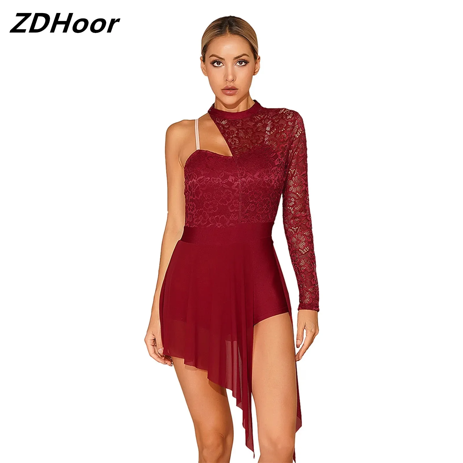 

Women Fashion Lace Dance Dress Patchwork One Shoulder Leotard Dress Split See-through Mesh Asymmetric Hem