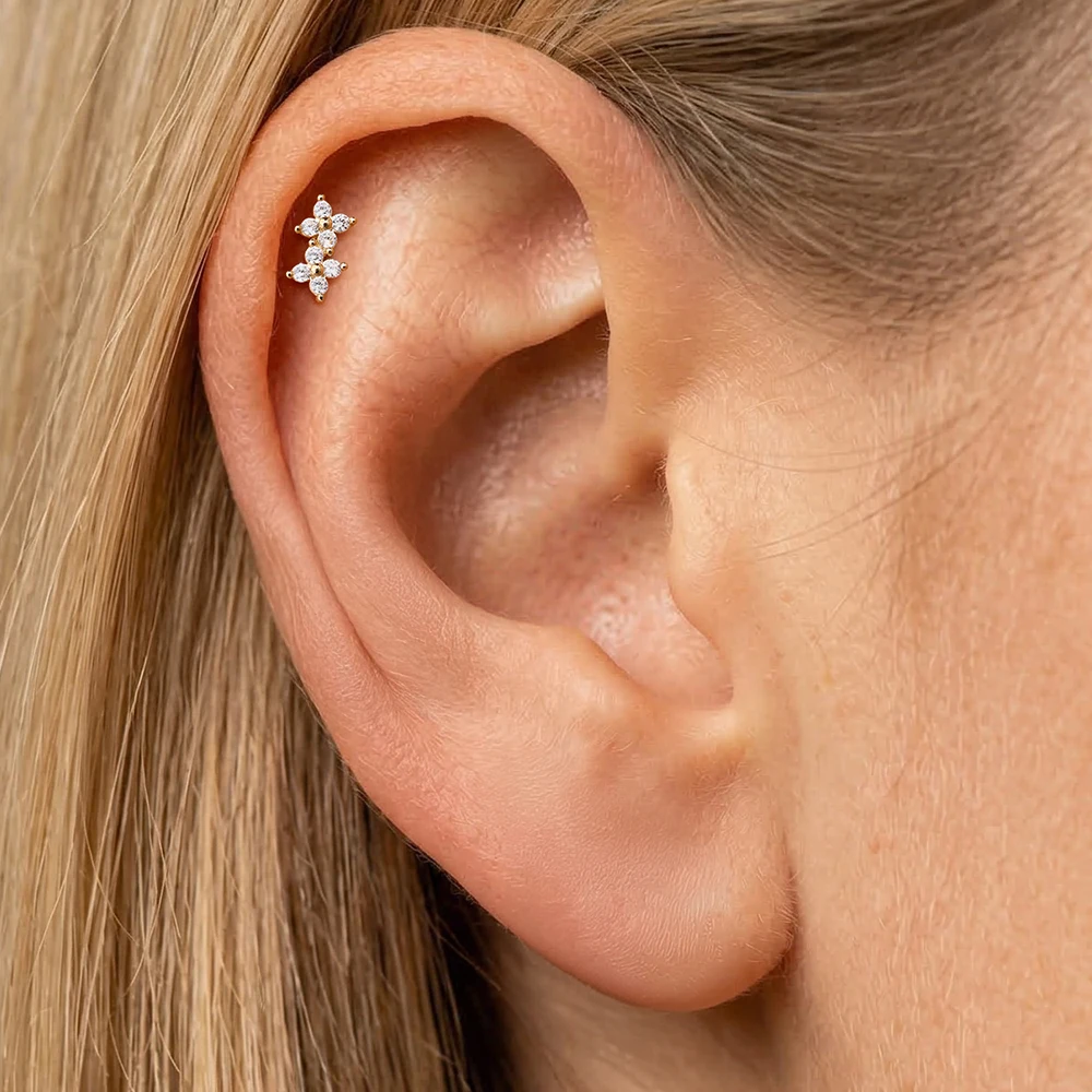 DIeSchein 14K Solid Gold CZ Cartilage Stud Internal Thread Flat Back Piercing Jewelry Helix Ear Stud For Women Daily Piercing