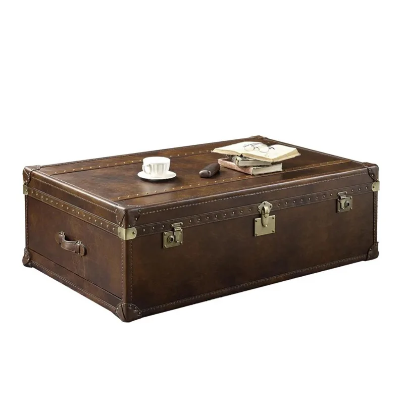 

Retro European-style medieval suitcase leather coffee table with drawers English cigar bar room