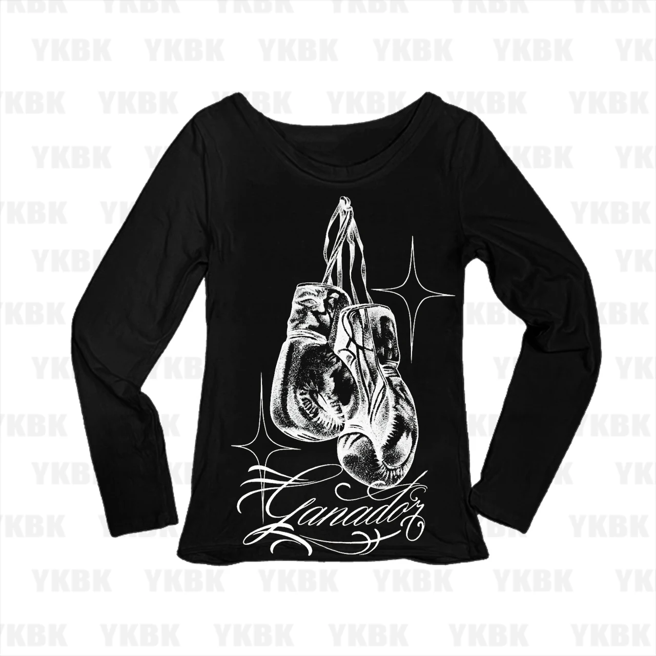 Vintage Boxing Gloves Ganador Script Graphic Print Women Long Sleeve T‑Shirt Slim Fit Retro Ladies Tops