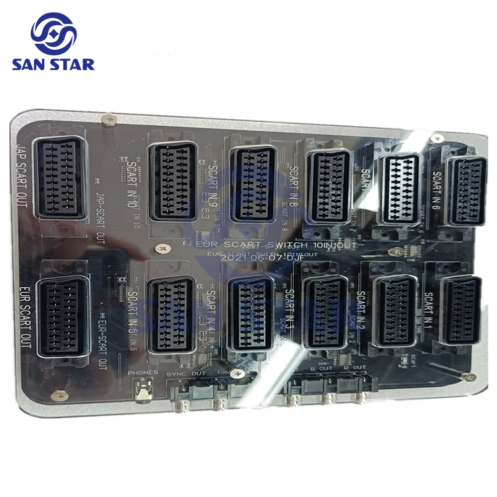 Acrylic Shell EUR Scart Distributor 10 Input 1 Output Automatic RGBS Video Converter Switcher Board for MD/sfc/ps123/ss/dc/Wii