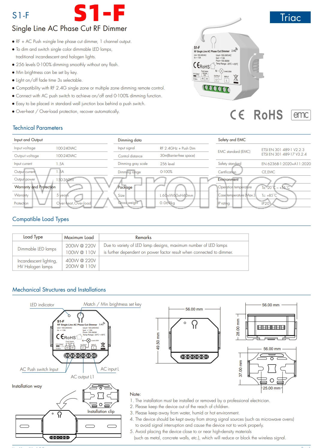 Single Line AC Phase Cut RF Dimmer S1-F/ ZigBee + RF S1-F(WZ) for DIM Dimmable LED Lamps Traditional Incandescent Halogen Lights