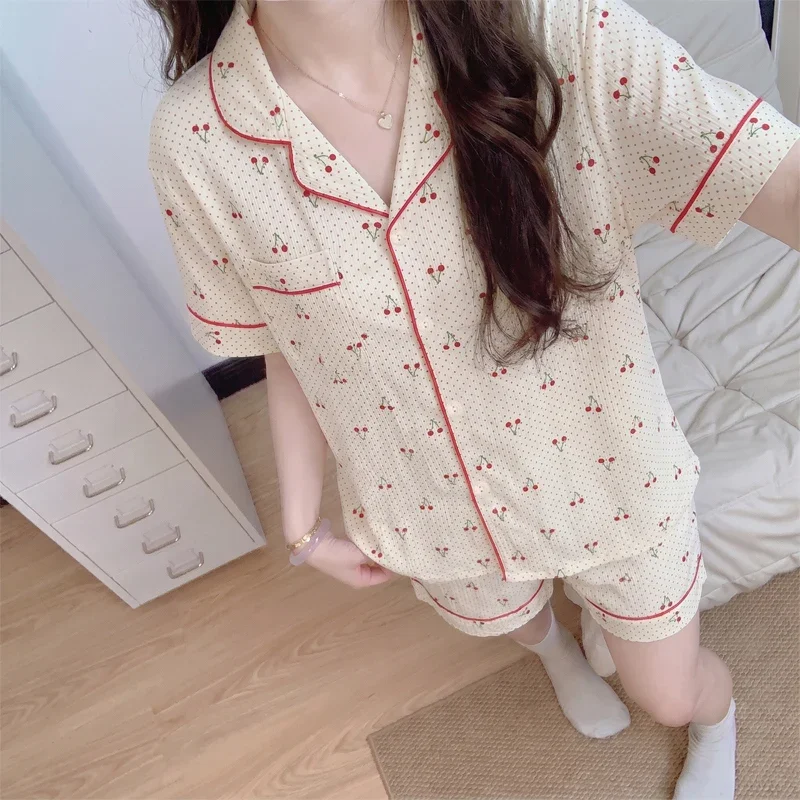 Simple and Sweet Polka Dot Cherry Wrinkled Fabric Short Sleeved Shorts Home Wear Pajamas Set Women's Sleepwear Four Seasons