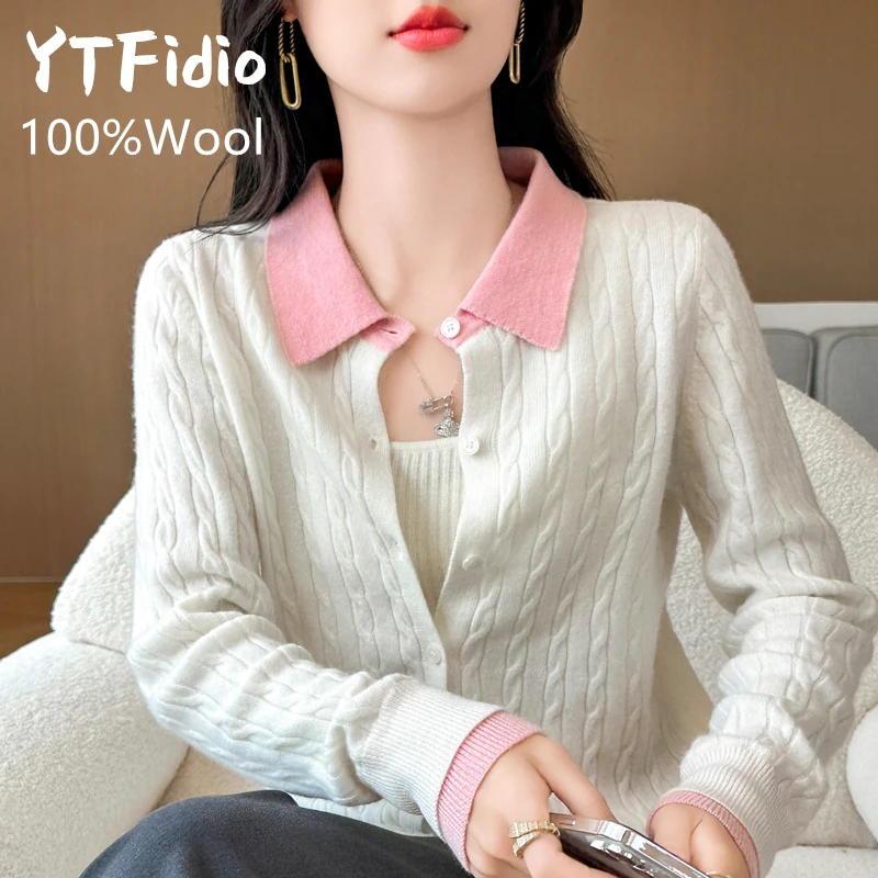 YTFidio 100% Wool Women POLO Neck Cardigan Fake Two Fried Dough Twists Patterns Casual Fashion Knitwear Spring Autumn Top 180