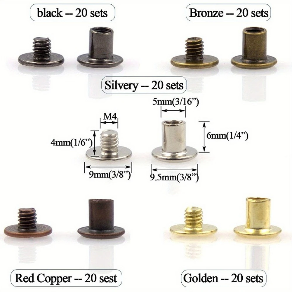 100pcs Chicago Screws Rivet Set Flat Round Head 5 Sets Matching Mother and Daughter Screws Nails Bolts for Photo Album Desk Menu