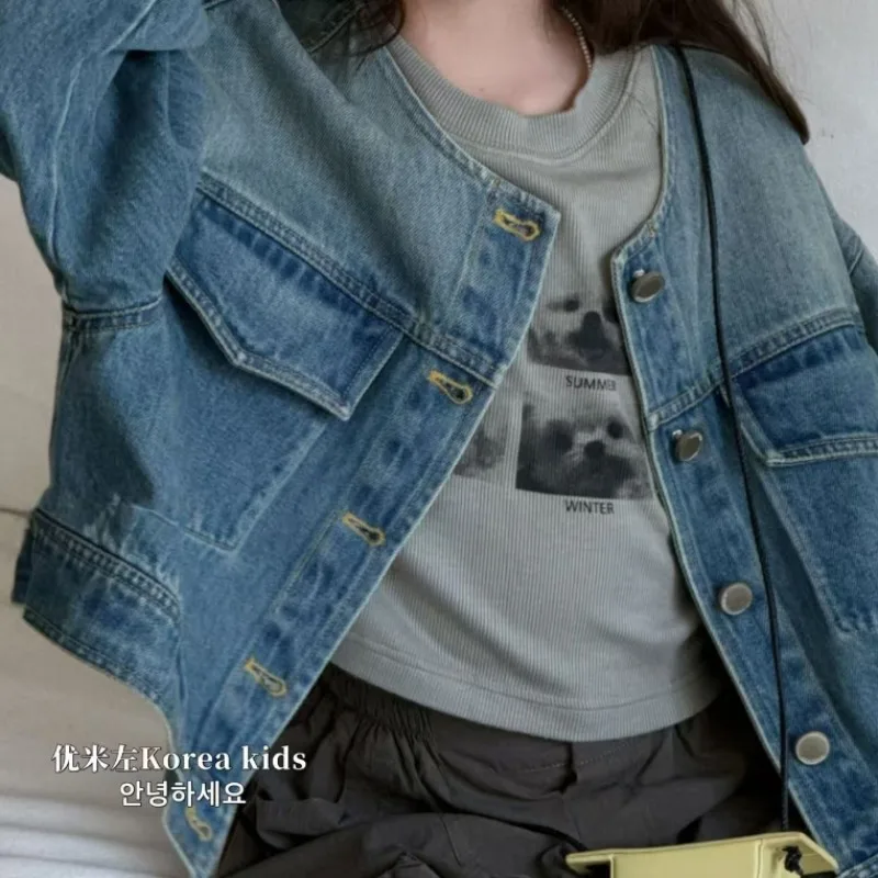 Pakaian luar anak perempuan untuk musim semi 2025 jaket denim anak-anak baru, atasan serbaguna dan bergaya untuk dewasa.