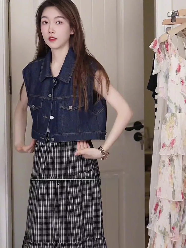 

Oajer Women's Casual Denim Vest And Plaid Skirt Set Summer Faion Outfit Fem Cusers Love This Ele Ensemble