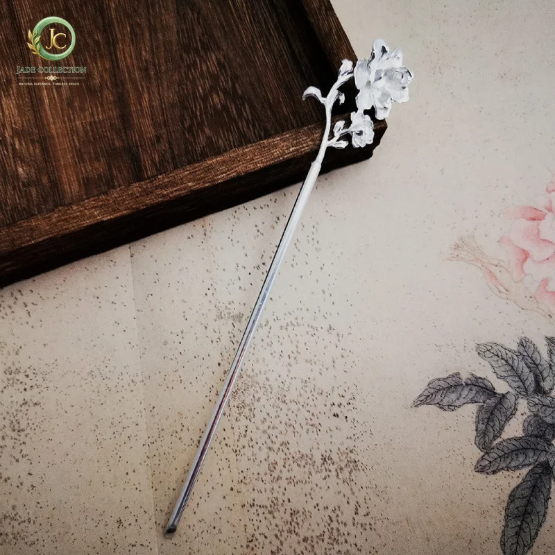 Silver 999 Hair Accessory One-Word Plain Hairpin Step Shake Hanfu Female Twelve Flower Godde