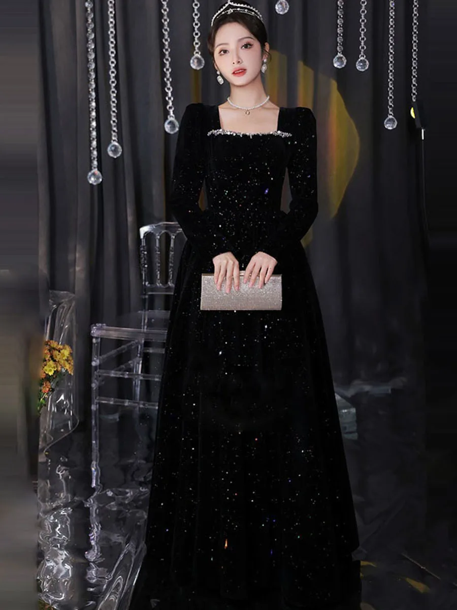 

Вечернее платье-макси из бархата с пайетками, черное, с завышенной талией, А-силуэт, для женщин