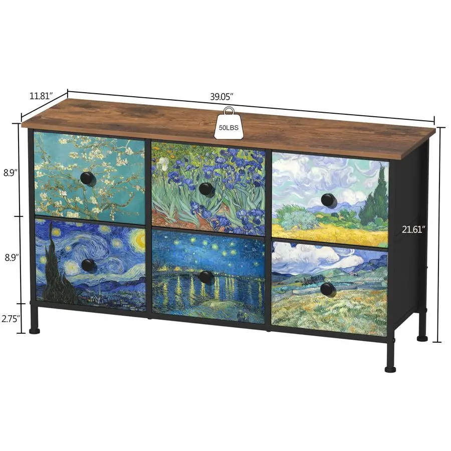 6-lade dressoir voor slaapkamer Van Gogh ladekast Brede tv-standaard Stoffen opberglade voor woonkamer Ingang Kast