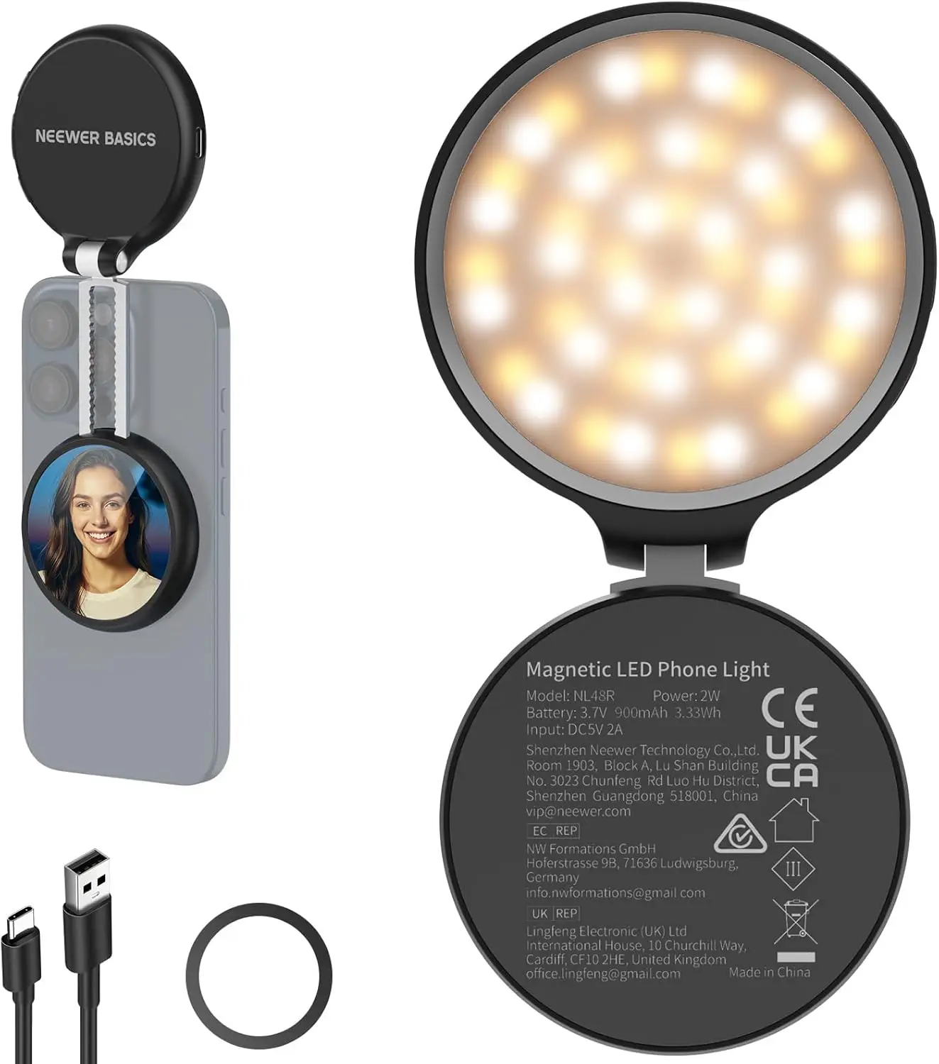 NEEWER Basics Magnetisches LED-Selfie-Licht Kompatibel mit MagSafe iPhone, Tischständer Handyhalter mit Schminkspiegel 900mAh – Detail 1