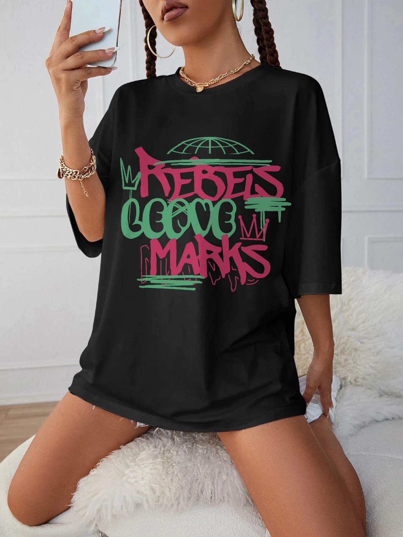

REBELS Plus Size Women’s Black Round Neck T-Shirt Comfortable Halloween Top Soft Autumn Fall Clothing Holiday Outfits