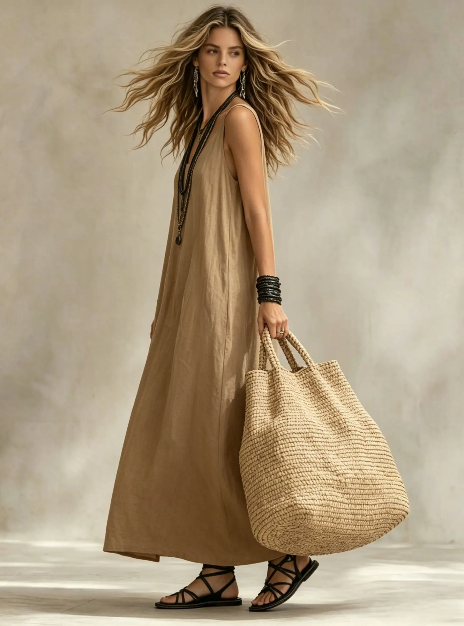 Damen Fließendes Ärmelloses Langes Kleid Lässiger U-Ausschnitt Locker Sitzendes Maxikleid Vielseitiges Sommer-Urlaubs-Party-Pendler-Outfit – Detail 14