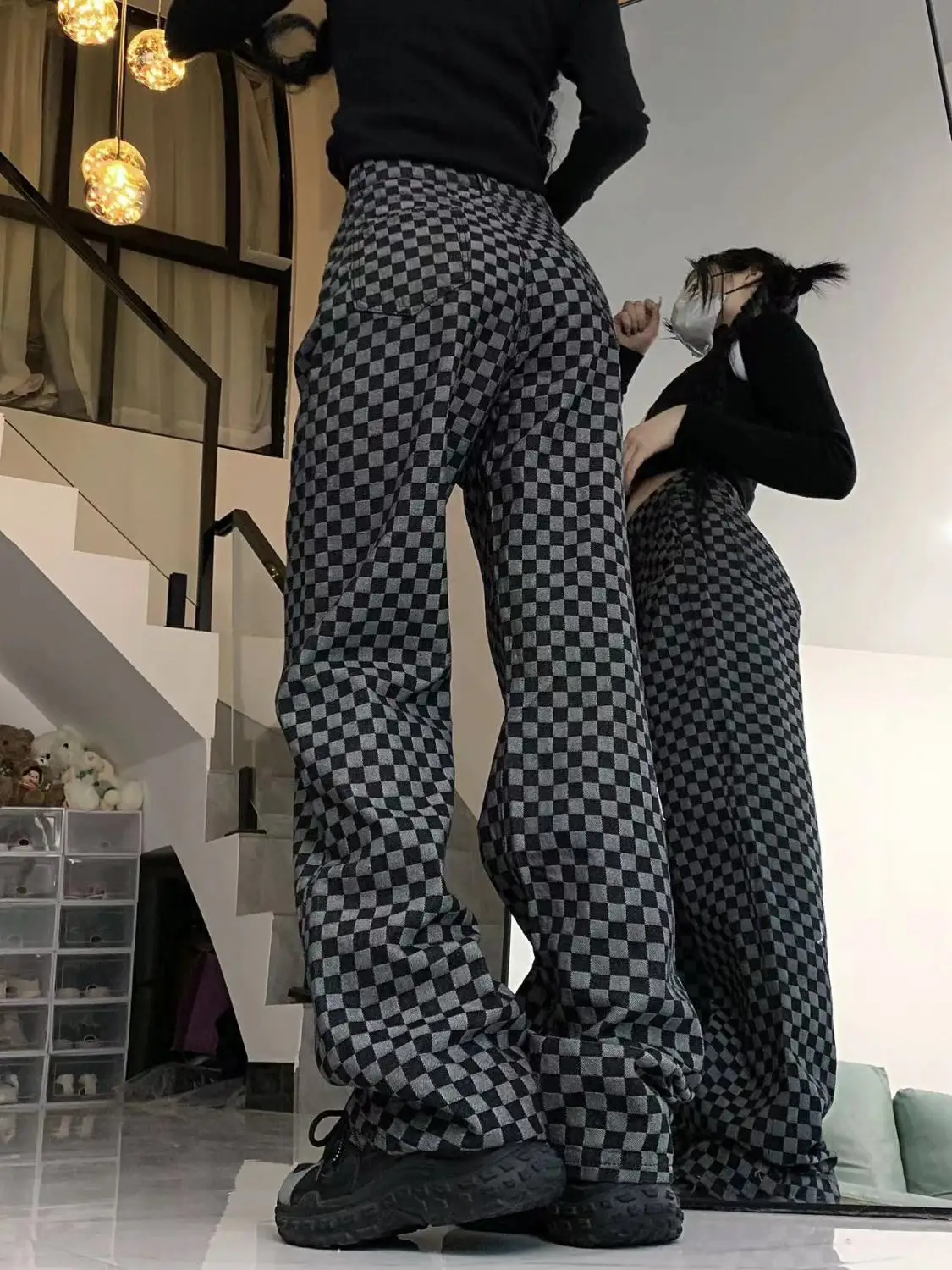 Unisex Schnelltrocknende Karierte Hose mit Allover-Print, Weite Gerade Hose, Outdoor Hip-Hop Streetwear Jogginghose – Detail 5