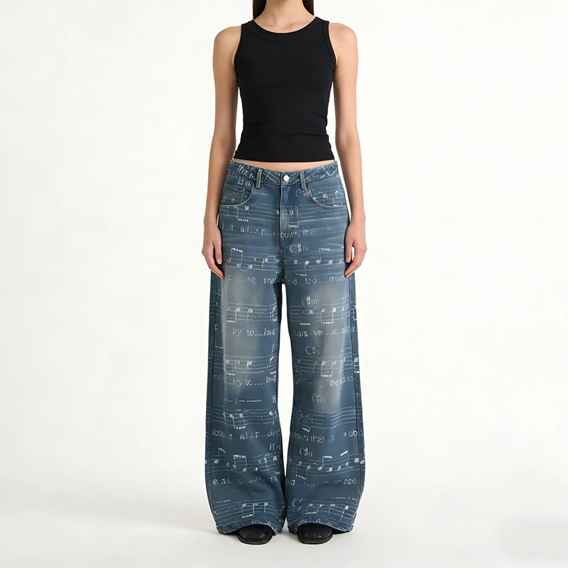 

American retro Y2K loose straight jeans unisex note printing pattern design high street trend ins style 2026 new trousers