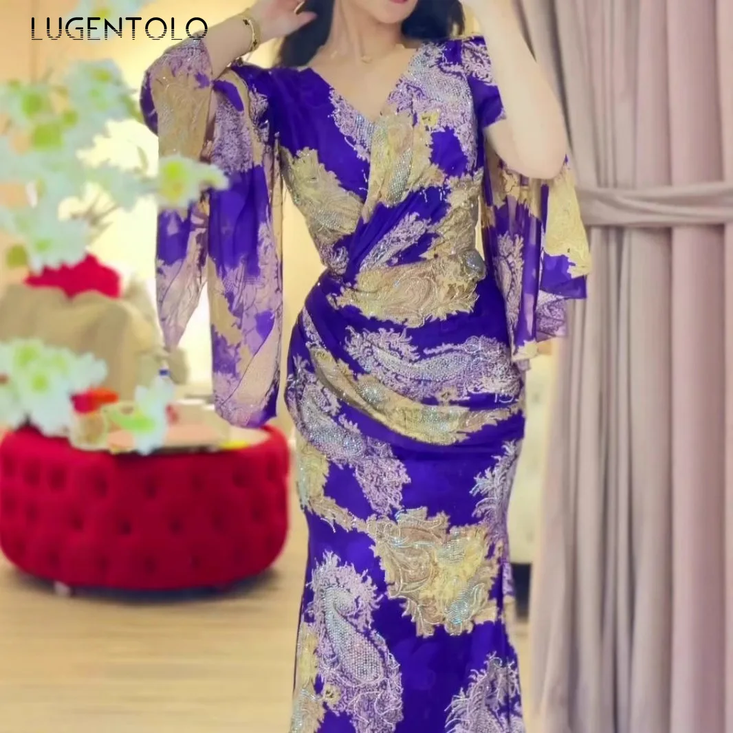 المرأة الشيفون فستان مثير كبير سوينغ طباعة مأدبة طويلة الأكمام الخامس الرقبة سليم سيدة أنيقة كوكتيل حفلة الإمبراطورية ملابس جديدة