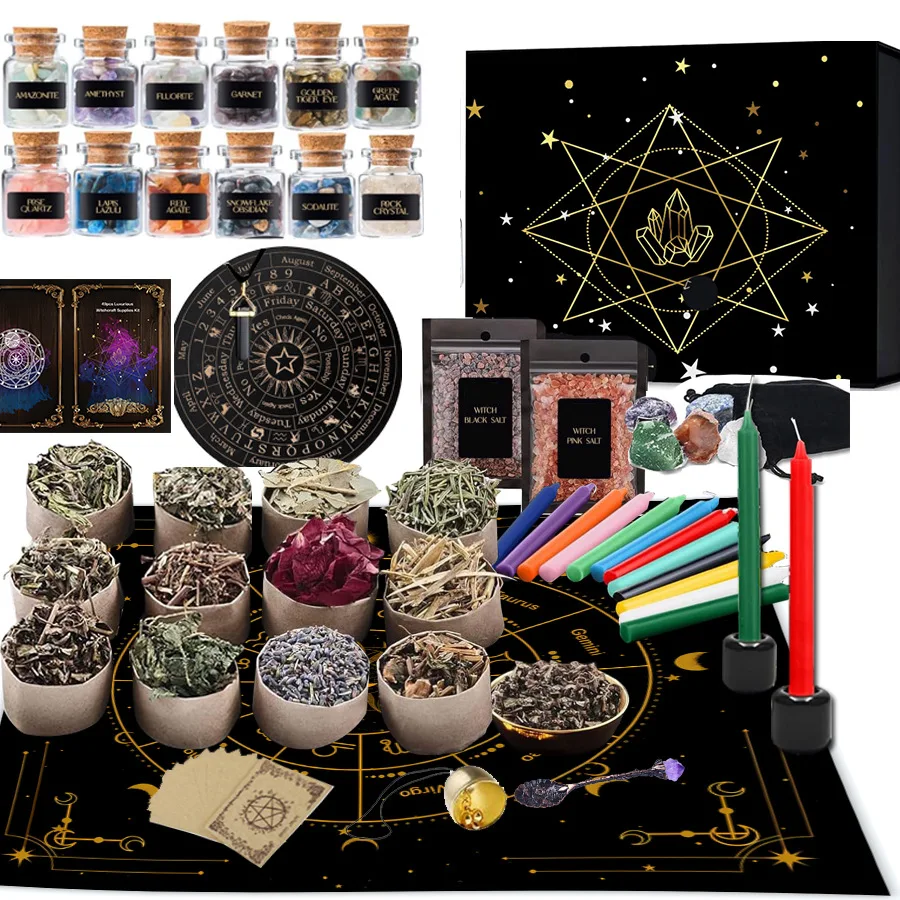 Spirituality Kit Natural Crystal Raw Stone Dried Flowers Herbs Altar Decor Set Meditation Healing Crystal Kit for Ritual Supplie