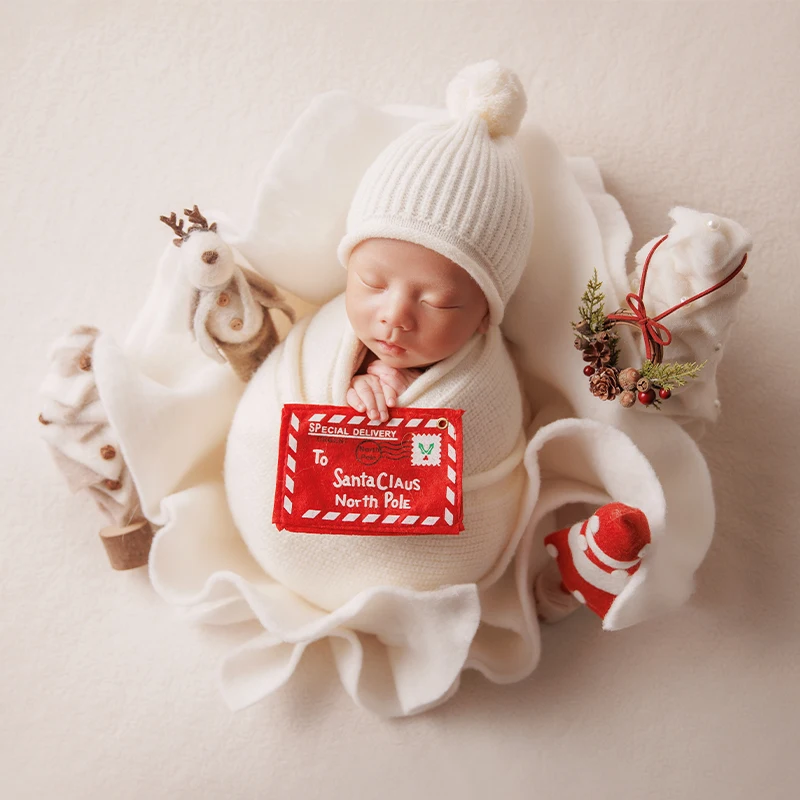 Christmas Theme Elf Newborn Costume Newborn Photography Props Baby Knit Outfit White Wrap+ Knitted Hat Photo Shoot Scene Props