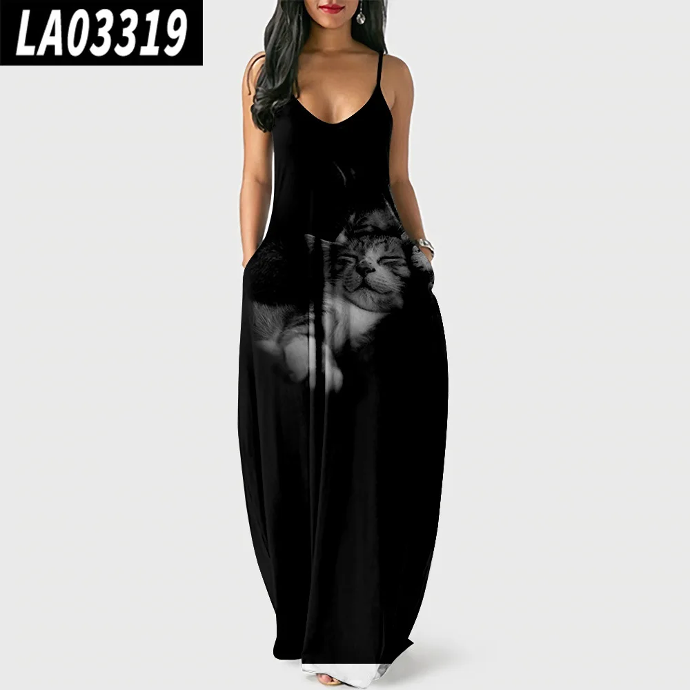 

2022 Summer New Women's Fashion Black Cat Printed Suspender Dress Women's Casual Long Pullover Dress