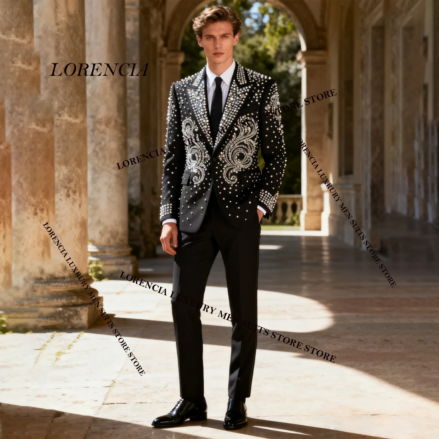 

Exequisite High-End Lapel Men 2 Pieces Suit Customized Slim Fit Groom Sports Tuxedos Wedding Tailcoat Crystal Jewelry Ropa homre