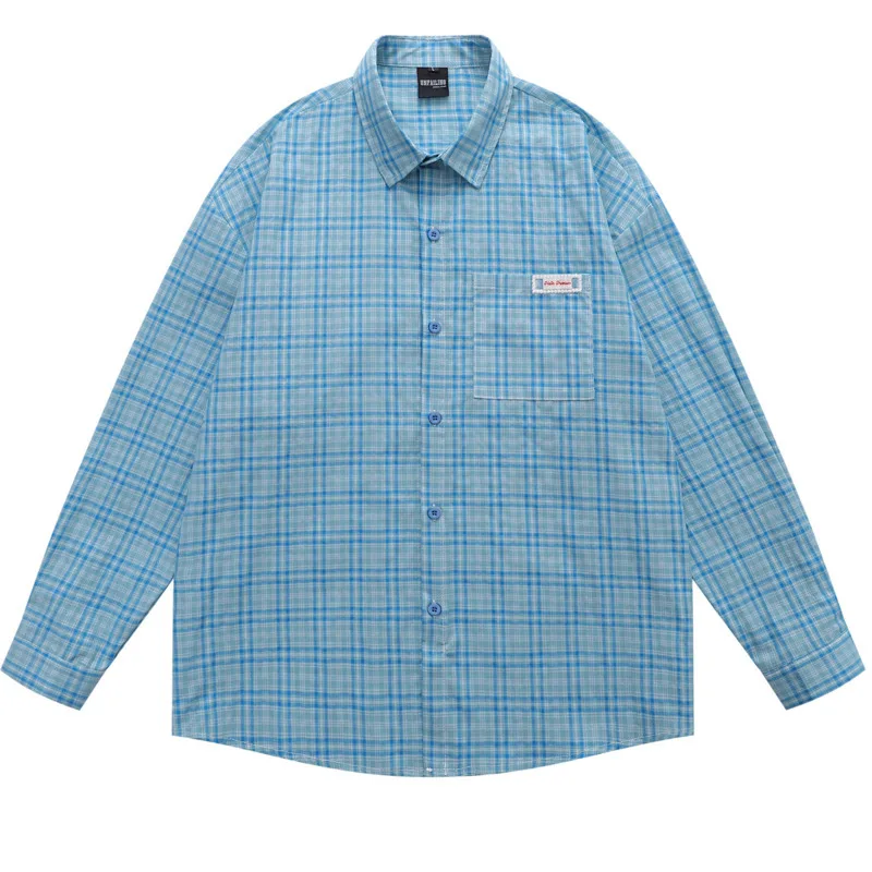 Male 2025 autumn casual versatile loose couple shirt American retro simple pocket decoration checkered long sleeved shirt