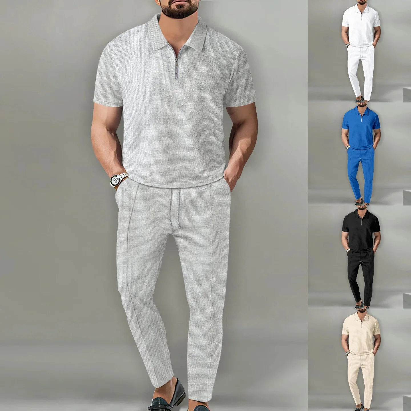 Spring and Summer New Men's Comfortable Casual Cool-Comfortable Breathable Half-Zip Short-Sleeved and Long-Sleeved Pants Set