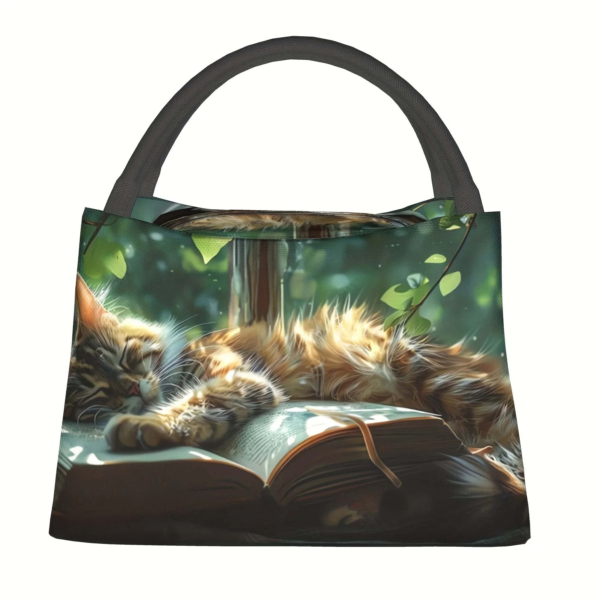 Sleeping Cat on Book Lunch Bag Insulated Polyester Tote Reusable Cooler Box for Office School Picnic Travel for Adults