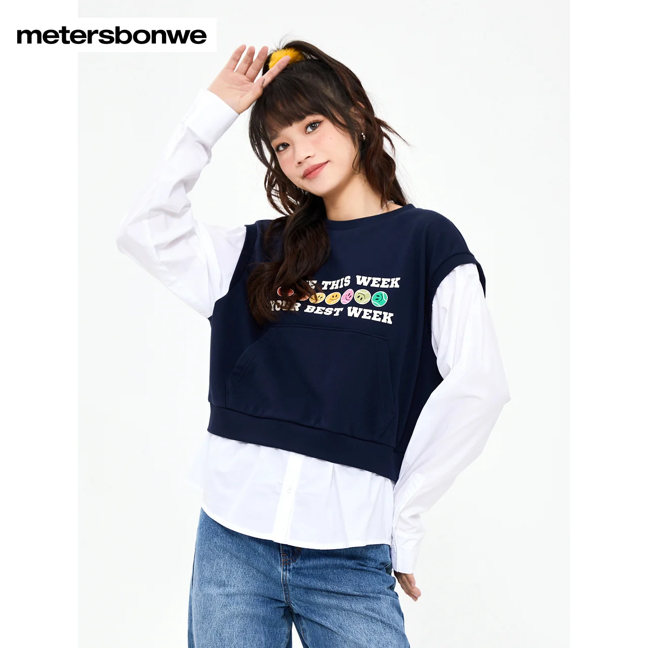 Metersbonwe-Women's 100%Cotton Fake Two-Piece Pullover Long-Sleeved Loose Print Knitwear Sweet Casual Spring Autumn