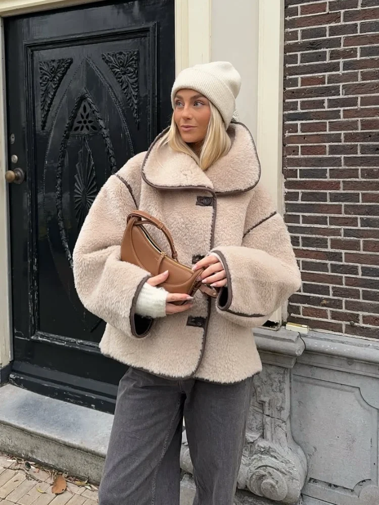 

Lapel Lamb Wool Jacket Women Fashion Single Breasted Long-sleeved Loose Short Jackets Lady New Daily Commute Street Outerwears