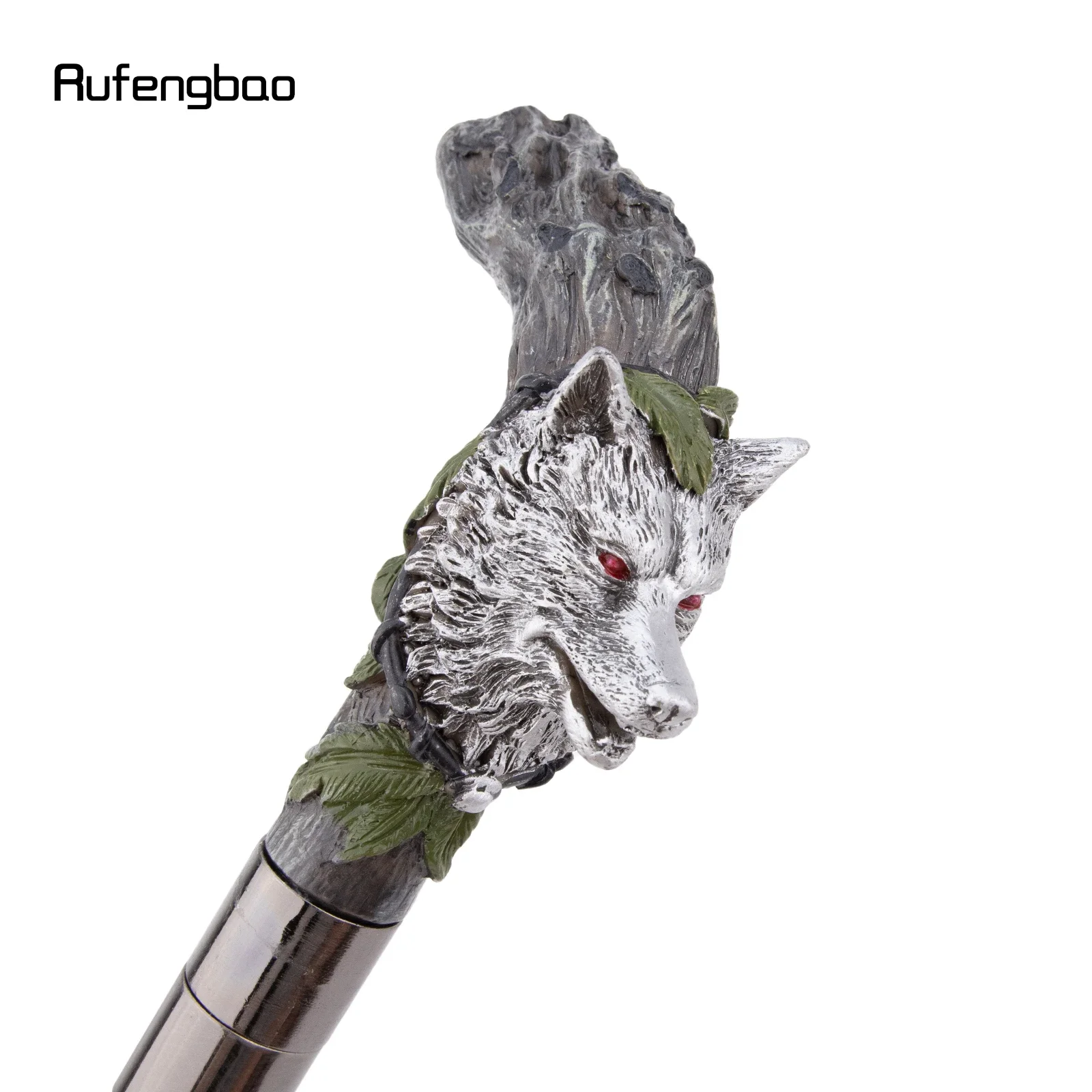 Silver Resin Wolf Head Tree Root Walking Cane Stick for Cosplay Everyday Use with Deluxe Box 93cm Performance Stage Cane
