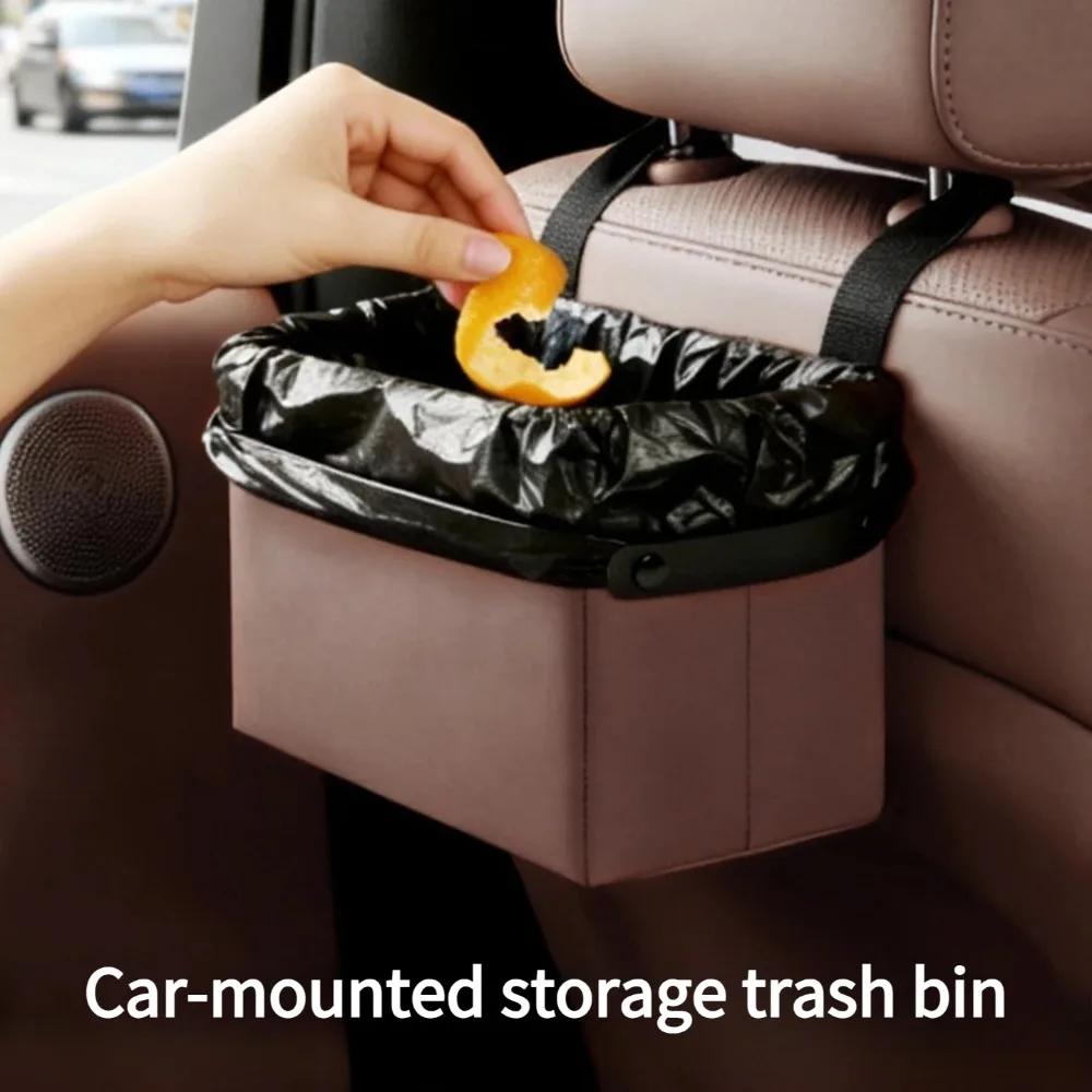1PCS Universal Car Seat Back Hanging Trash Can Premium Leather Waterproof Multifunctional Auto Waste Bin Interior Accessories