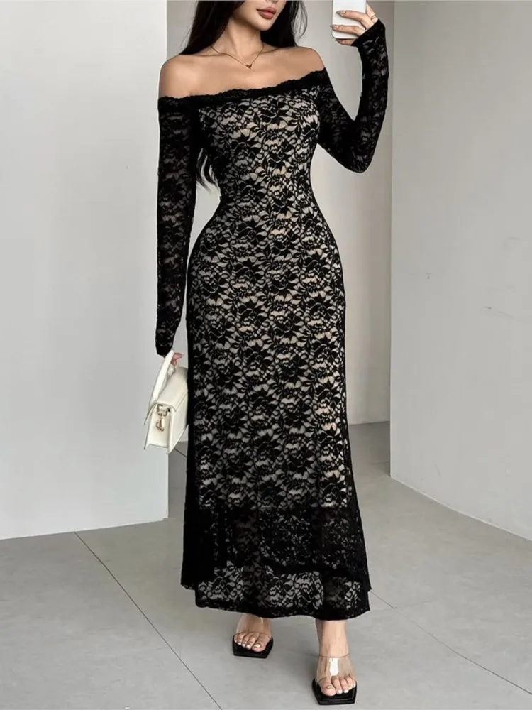Off Schulter Spitze Schwarz Bleistift Kleid Frauen Trend Langarm Sexy Elegante Abend Party Dünne Stretch Maxi Bodycon Kleider 2026