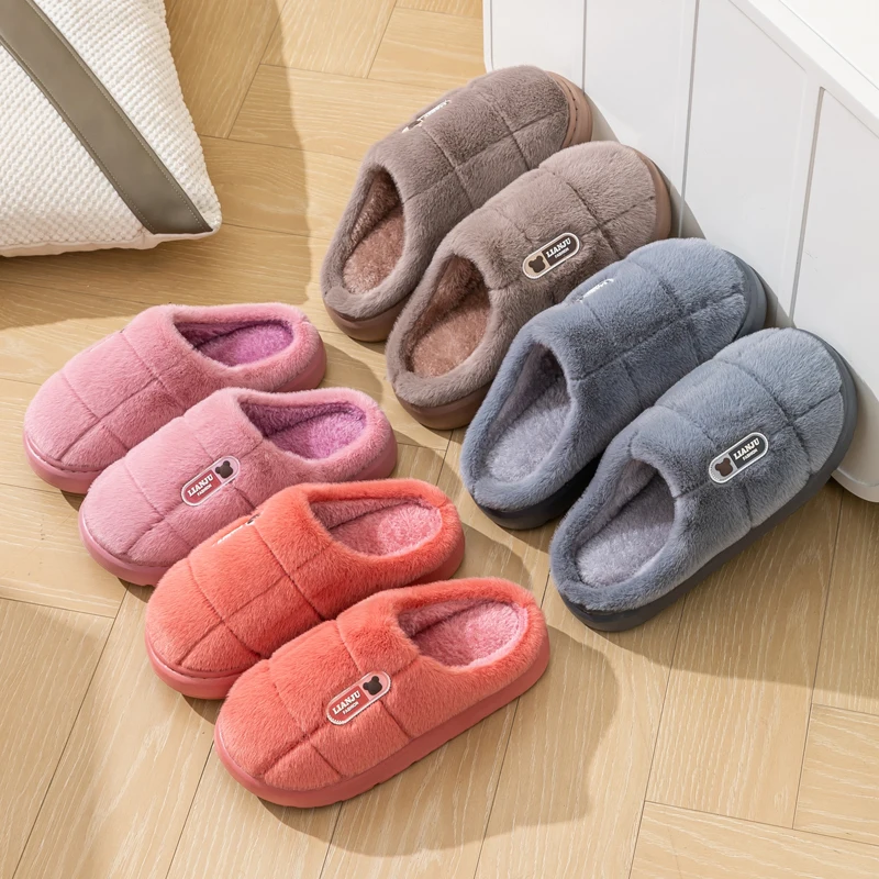 New Couple Extra Large Size Winter Warm Fluffy Slippers Soft Sole Non-slip Slides Women Men Indoor Floor Flat Home Cotton Shoes