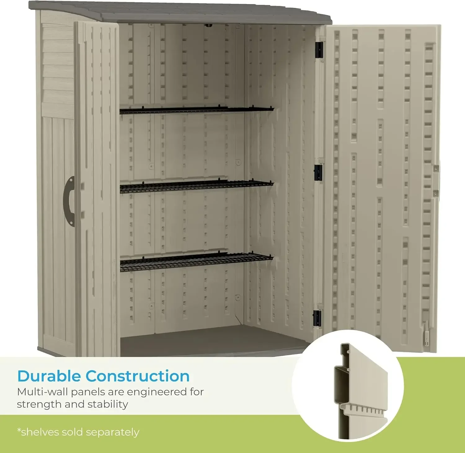 Abri de rangement vertical de 54 pieds cubes avec construction en plastique durable, panneaux muraux multiples et beaucoup d'espace pour le stockage extérieur