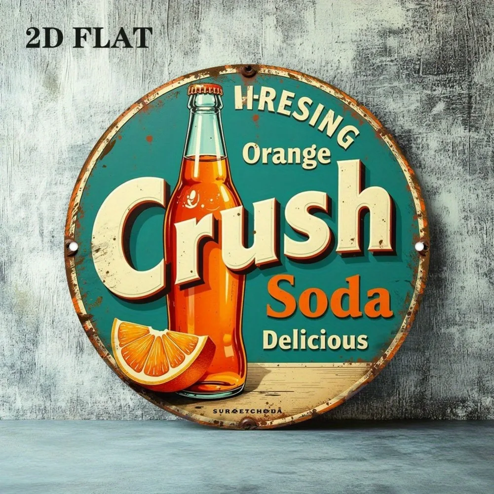 لافتة معدنية مسطحة ثنائية الأبعاد، قطعة واحدة من "HResing Orange Crush Soda" - ديكور عشاء قديم من الخمسينيات من القرن الماضي، أزرق مخضر - فن جداري من الألومنيوم خفيف الوزن