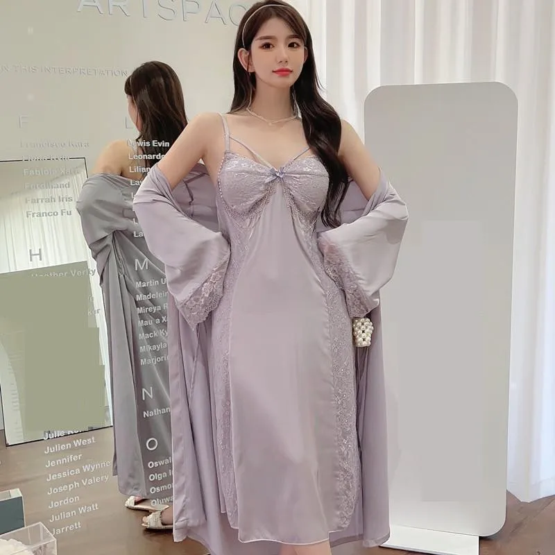 

Female Twinset Robe Set Nightgown Bride Summer Women Lace Satin Kimono Sleepwear Nightwear Bathrobe Gown Sleep Suit Lingerie