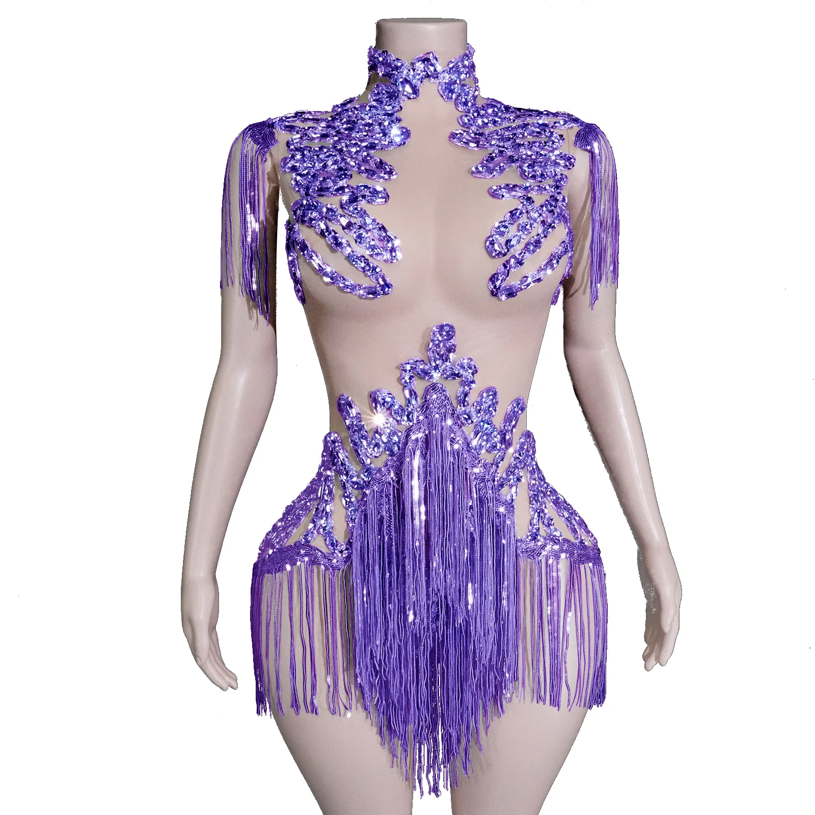 New Stage Performance Golden Sequined Tassel Highneck Fitted Jumpsuit Birthday Party Dance Outfit Video Shooting Costume Change