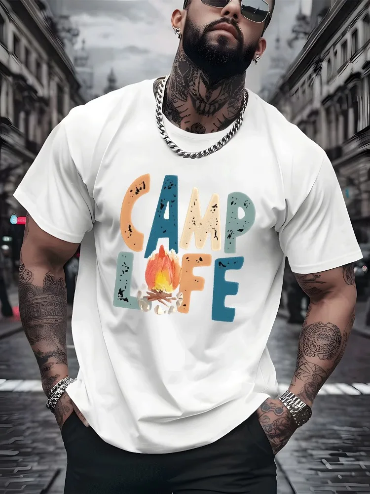 Mens Summer Cotton Tee Camp Life Bonfire Letter Print Crew Neck Short Sleeve Casual Loose Outdoor Streetwear Daily Fashion Tops