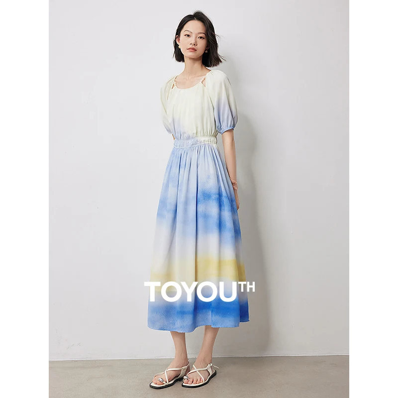 

TOYOUTH Women Dress 2024 Summer New Gradient Printed Round Neck Cinched Waist Romantic Vacation Ankle Length Casual Dress