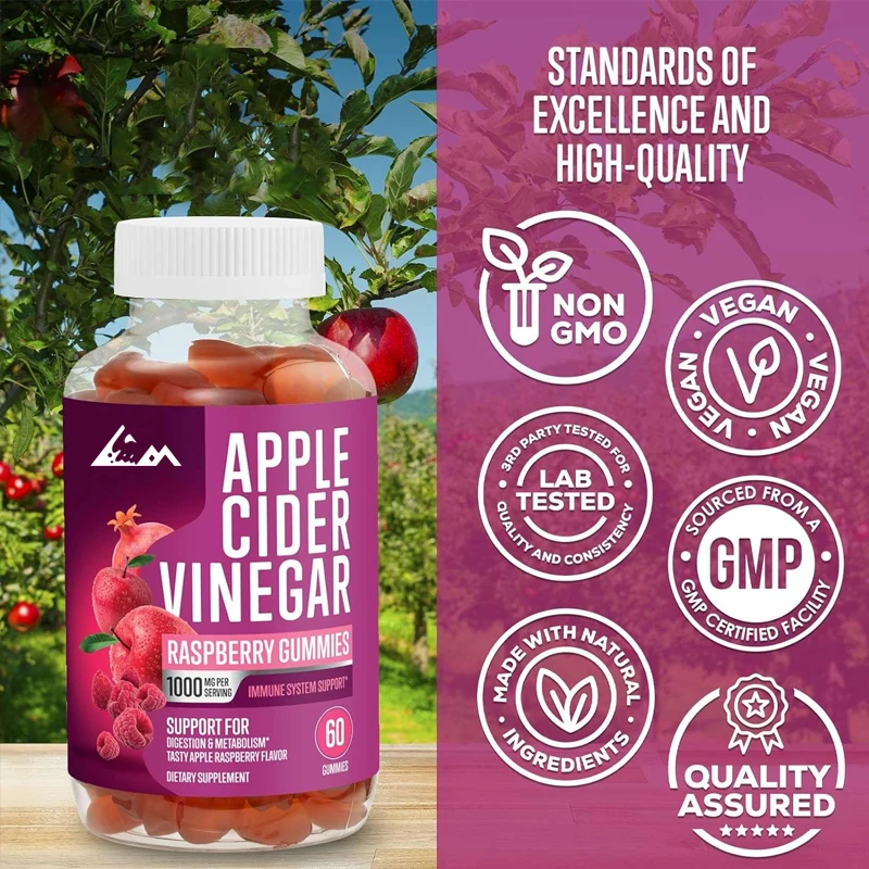 

Vegetarian apple cider vinegar gummies 1000mg for detoxification and cleansing,natural apple raspberry flavor,non GMO-60 gummies