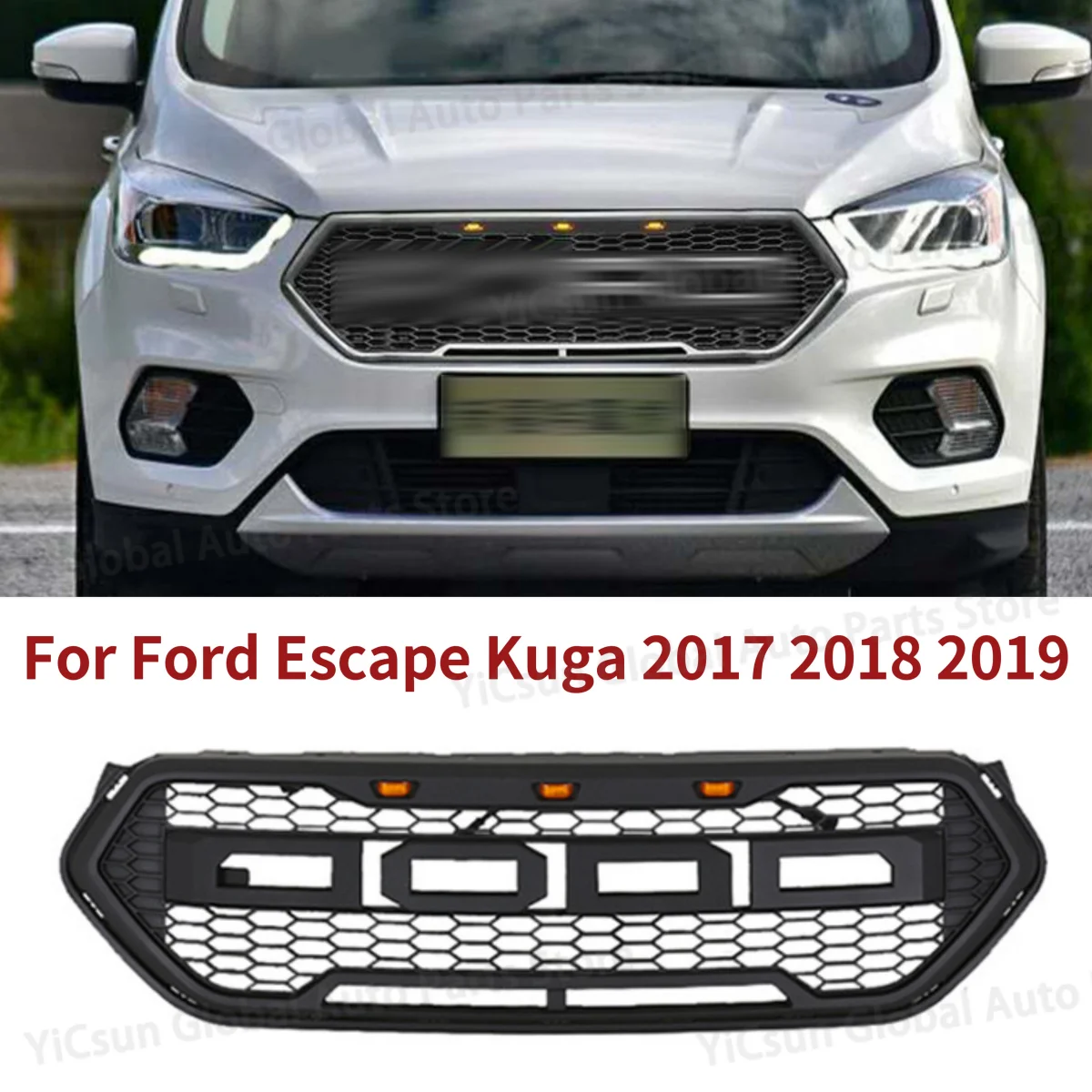 Matte Black Honeycomb Grille Front Bumper Mask Mesh Amber Led Racing Grills Upper Grid For Ford Escape Kuga 2017 2018 2019